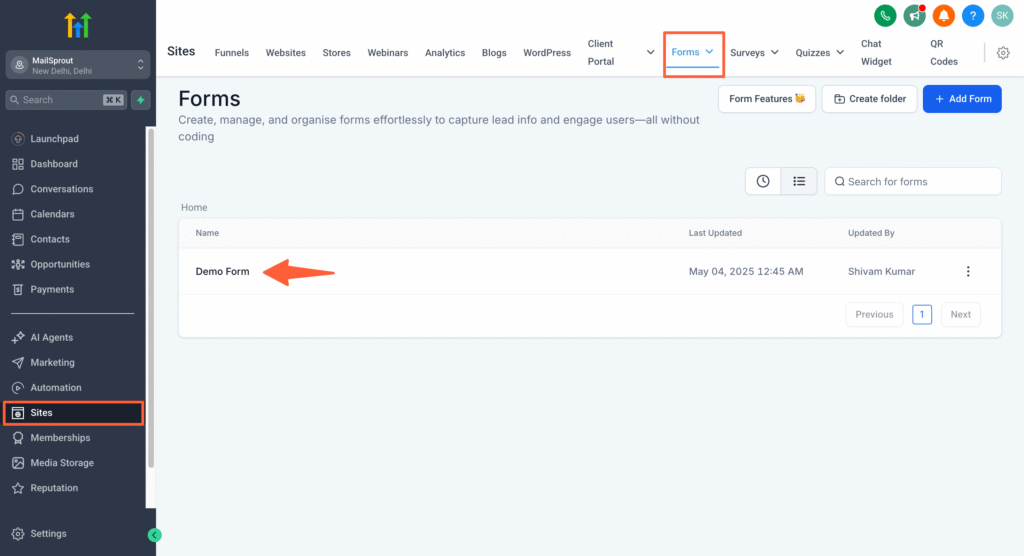 open form in Gohighlevel